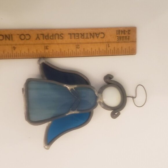 Vintage 1980 Blue Stained Glass Leaded Suncatcher Angel With‎ Halo 4" Standing - Picture 6 of 10